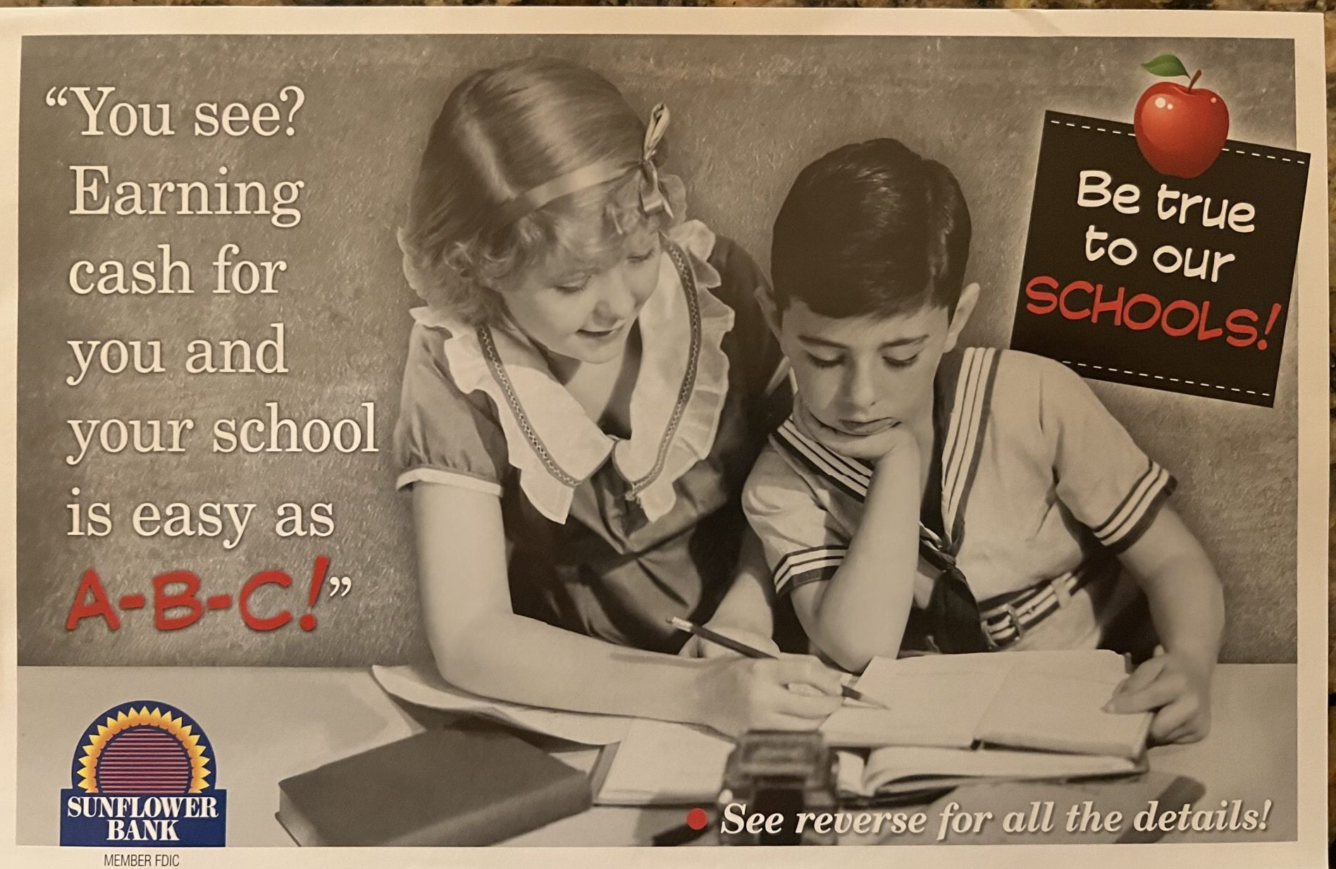 Main art for Sunflower Bank retro Be True to Our Schools campaign